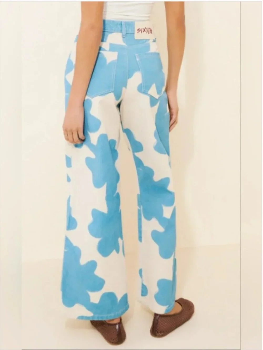 Free People Sixxta Cotton Wide leg Fun Blue White Pants size 2